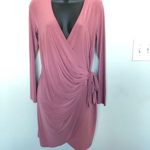 Blush Boohoo Long Sleeved Satin Wrap Dress